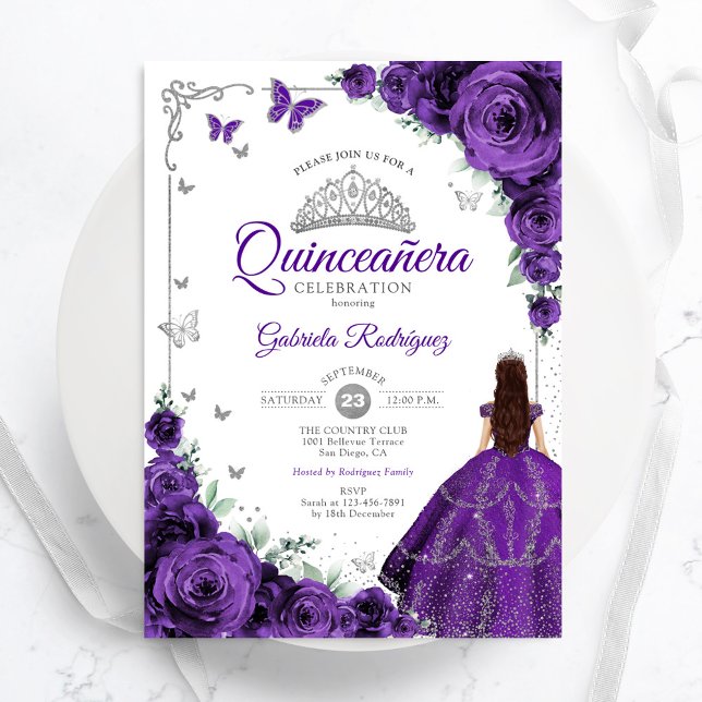 Elegant Chic Purple Silver Floral Quinceanera Invitation (Creator Uploaded)