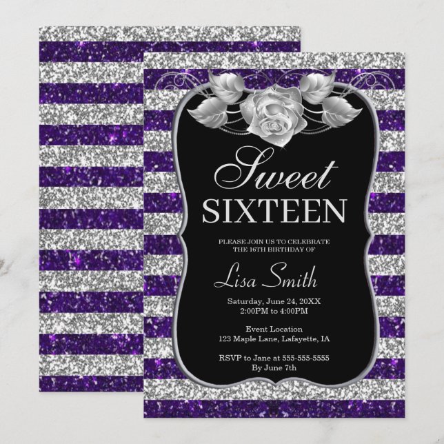 Elegant Chic Purple Silver Glitter Rose Sweet 16 Invitation (Front/Back)