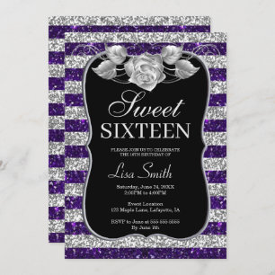Elegant Chic Purple Silver Glitter Rose Sweet 16 Invitation