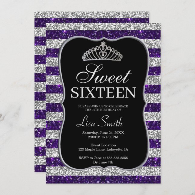 Elegant Chic Purple Silver Glitter Tiara Sweet 16 Invitation (Front/Back)