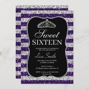 Elegant Chic Purple Silver Glitter Tiara Sweet 16 Invitation