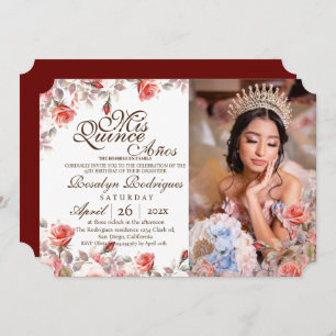 Elegant Chic Quinceanera Red Gold Photo  Invitation