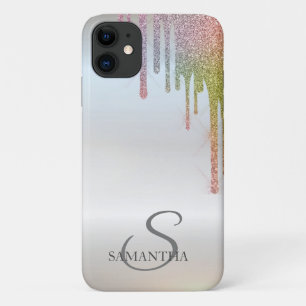 Elegant Chic Rainbow Glitter Drips Silver iPhone 11 Case