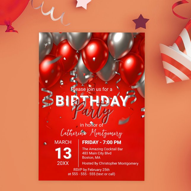 Elegant Chic Red and Silver Balloon Birthday Party Invitation (Creator Uploaded)