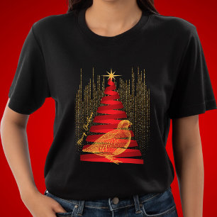 Elegant Chic Red Christmas Tree & Gold Partridge T-Shirt