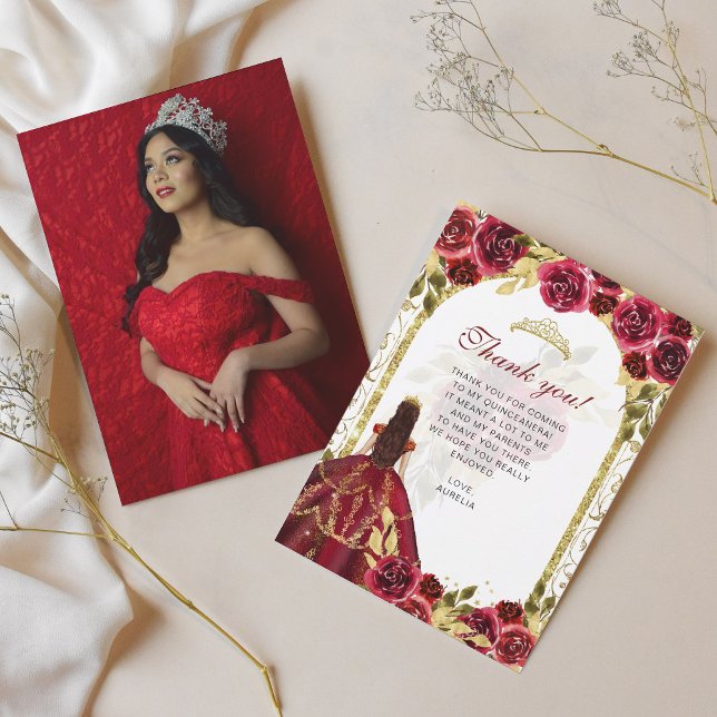 Elegant Chic Red Floral Photo Quinceañera Thank You Card (Creator Uploaded)