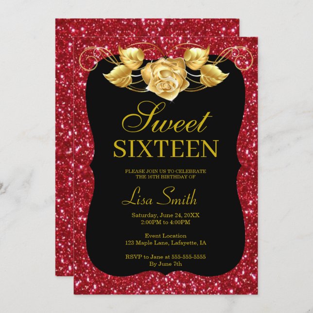 Elegant Chic Red Glitter Gold Rose Sweet 16 Invitation (Front/Back)