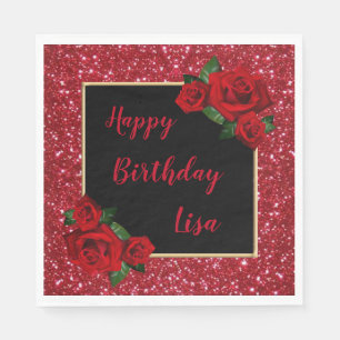 Elegant Chic Red Glitter Red Roses Birthday Napkin
