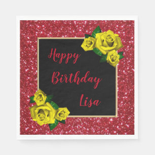 Elegant Chic Red Glitter Yellow Roses Birthday Napkin