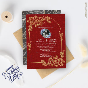 Elegant Chic Red Gold Custom Photo Wedding  Invitation