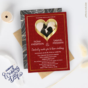 Elegant Chic Red Gold Custom Photo Wedding  Invitation