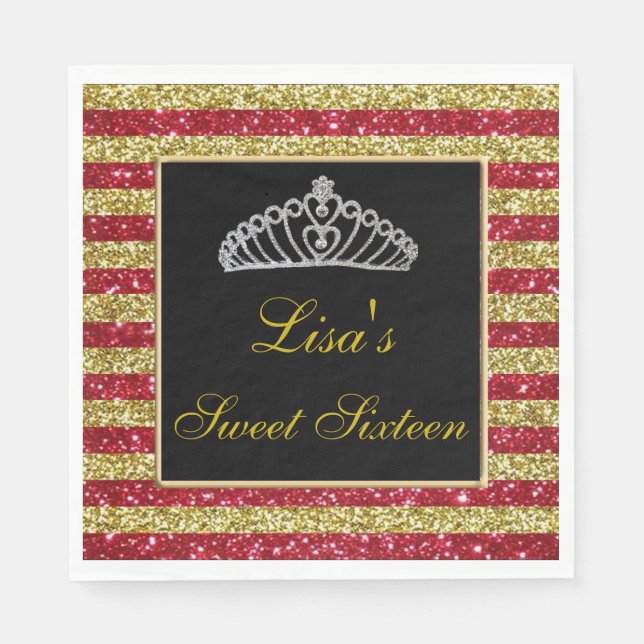 Elegant Chic Red Gold Glitter Tiara Sweet 16 Napkin (Front)