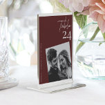 Elegant Chic Red Plum Burgundy Wedding Photo Table Number<br><div class="desc">Celebrate your special day with our enchanting Elegant Chic Red Plum Burgundy Wedding Photo Table Number. This beautifully designed table number adds a touch of personalised elegance to your wedding decor, combining the rich allure of red plum burgundy with modern romance. Key Features: Custom Photo: Showcase your unique love story...</div>