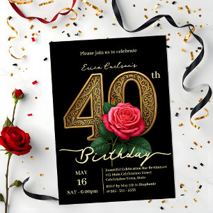 Elegant Chic Red Rose & Gold Number 40th Birthday Invitation