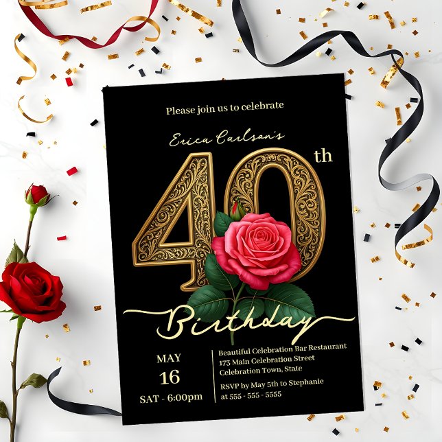Elegant Chic Red Rose & Gold Number 40th Birthday Invitation (Creator Uploaded)
