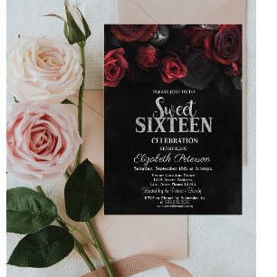 Elegant Chic Red Roses Black Sweet 16 Invitation