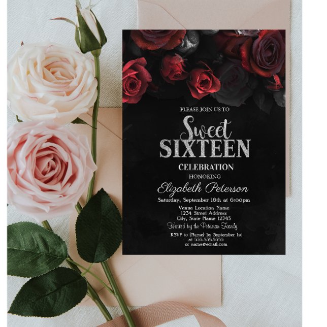 Elegant Chic Red Roses Black Sweet 16 Invitation (Creator Uploaded)