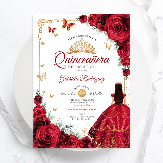 Elegant Chic Red Roses Gold Quinceanera Invitation (Creator Uploaded)