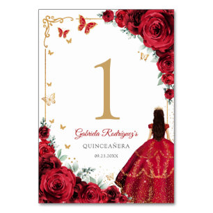 Elegant Chic Red Roses Gold Quinceanera Table Number
