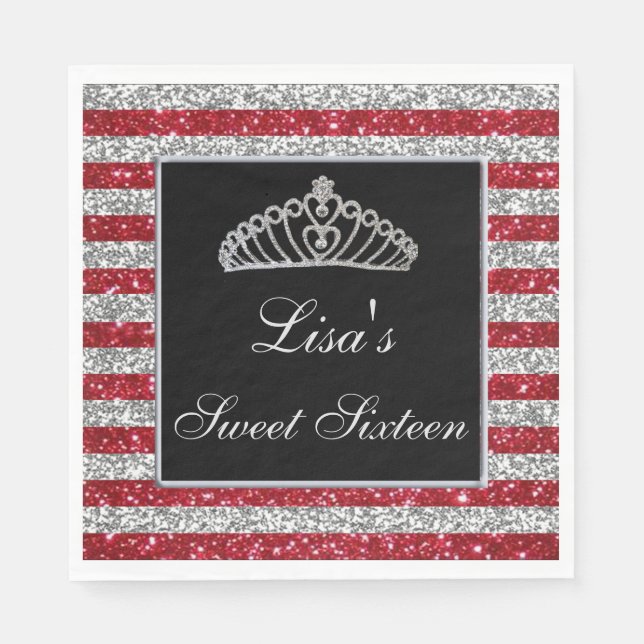 Elegant Chic Red Silver Glitter Tiara Sweet 16 Napkin (Front)