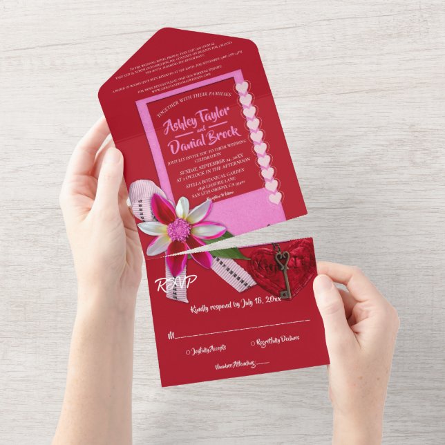 Elegant Chic Red Valentine Formal Romantic Wedding All In One Invitation (Tearaway)