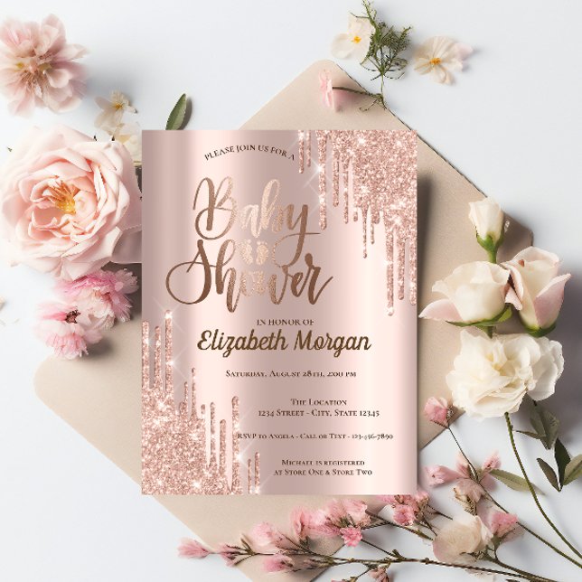 Elegant Chic Rose Gold Glitter Drips Baby Shower Invitation (Creator Uploaded)