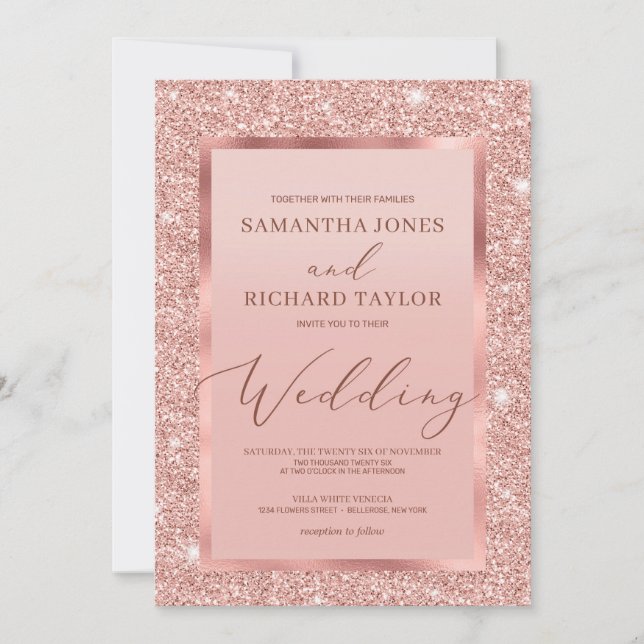 Elegant chic rose gold glitter foil wedding invitation (Front)