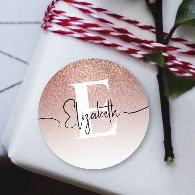 Elegant Chic Rose Gold Glitter Sparkle Monogrammed Classic Round Sticker (Creator Uploaded)
