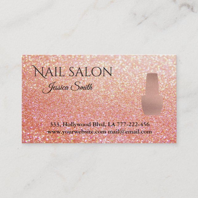Elegant chic rose gold glittery nail salon appointment card (Front)