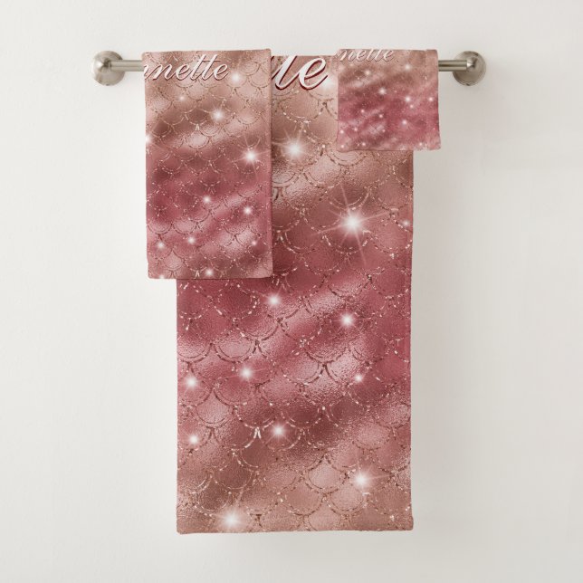 Elegant Chic Rose Gold Mermaid Faux Glitter Bath Towel Set (Insitu)