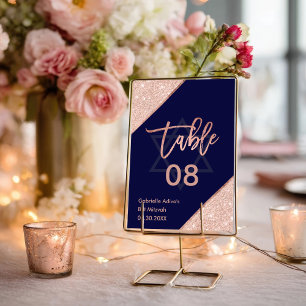 Elegant Chic Rose Gold Navy Blue Bat Mitzvah Table Number