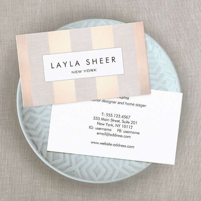 Elegant Chic Rose Gold Stripe Beige Linen Business Card (Creator Uploaded)