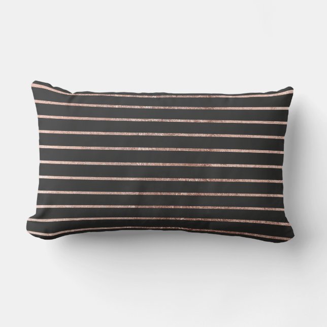 Elegant Chic Rose Gold Stripes and Black Lumbar Cushion (Front)