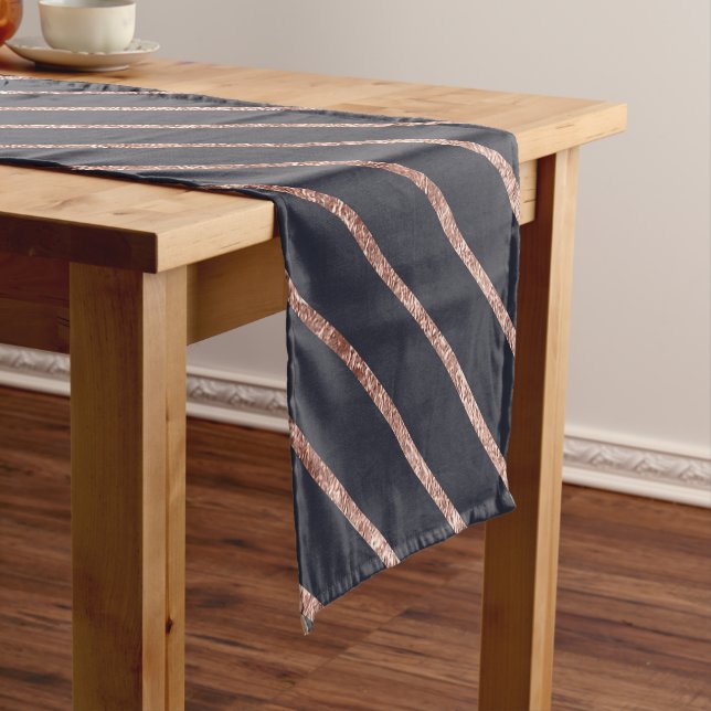 Elegant Chic Rose Gold Stripes and Navy Blue Short Table Runner (In Situ)