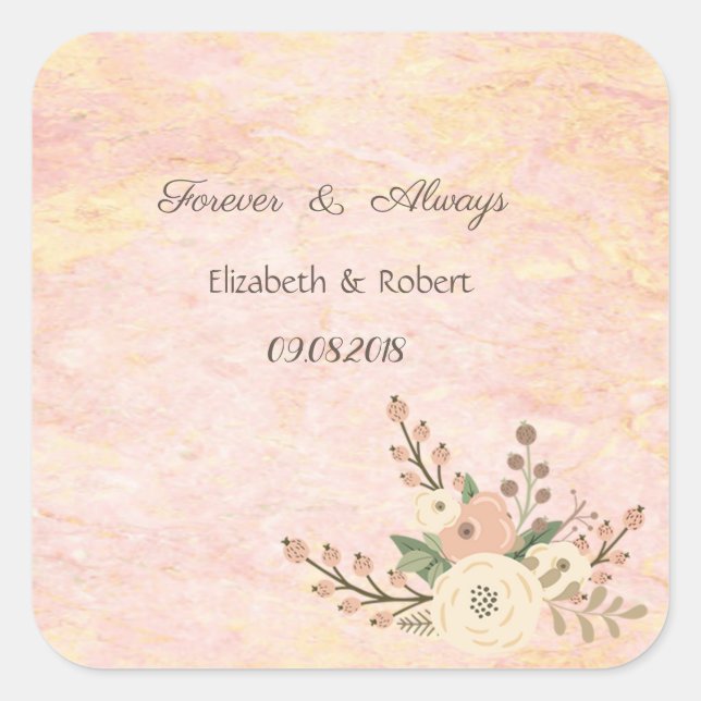 Elegant Chic Rose Marble  Floral Wedding Square Sticker (Front)