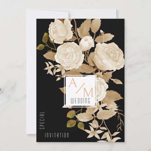 Elegant Chic Rose Monogram Black Bride Parent Invitation (Front)