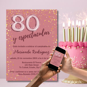 Elegant Chic Rose Pink Gold 80th Birthday Spanish Invitation