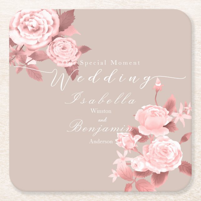 Elegant Chic Rose Wedding  Square Paper Coaster (Front)