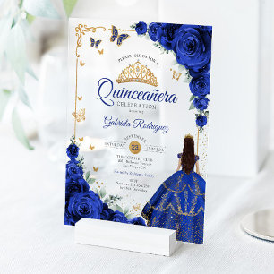 Elegant Chic Royal Blue Roses Gold Quinceanera Acrylic Invitations