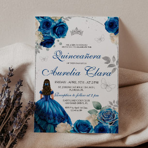 Elegant Chic Royal Blue Roses Gold Quinceanera Invitation