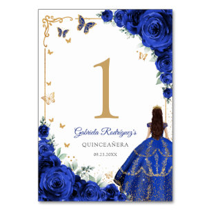 Elegant Chic Royal Blue Roses Gold Quinceanera Table Number