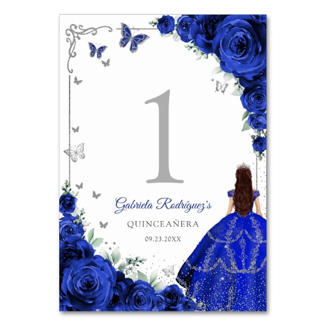 Elegant Chic Royal Blue Roses Silver Quinceanera Table Number (Front)