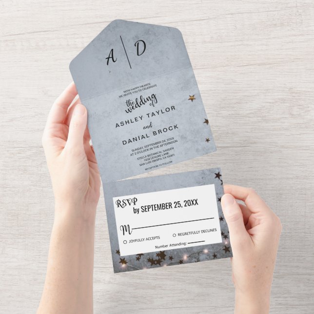 Elegant chic rustic grey stars lights Wedding All  All In One Invitation (Tearaway)