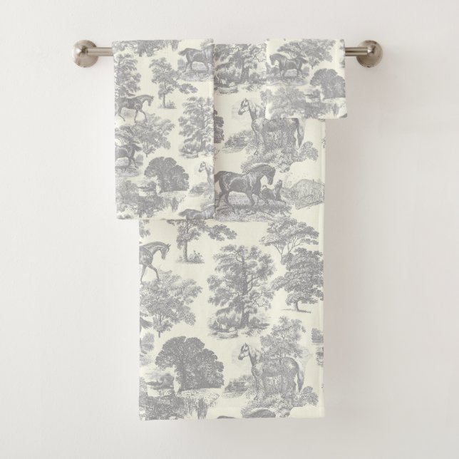 Elegant Chic Rustic Horse Grey Toile Bath Towel Set (Insitu)