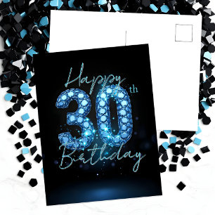 Elegant Chic Sapphire Blue and Black 30th Birthday Postcard