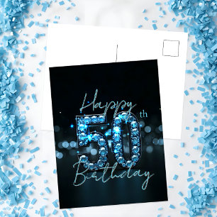 Elegant Chic Sapphire Blue and Black 50th Birthday Postcard