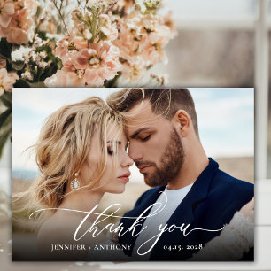Elegant Chic Script 2 Photo Wedding Thank You Card