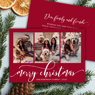 Elegant Chic Script 3 Photo Collage Red Christmas  Holiday Card