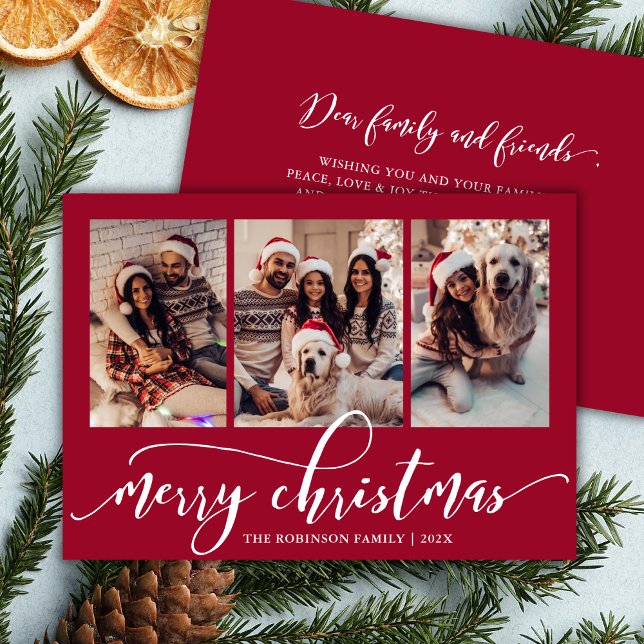 Elegant Chic Script 3 Photo Collage Red Christmas  Holiday Card (Creator Uploaded)