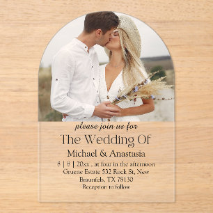 elegant chic script boho arch photo wedding arch acrylic invitations